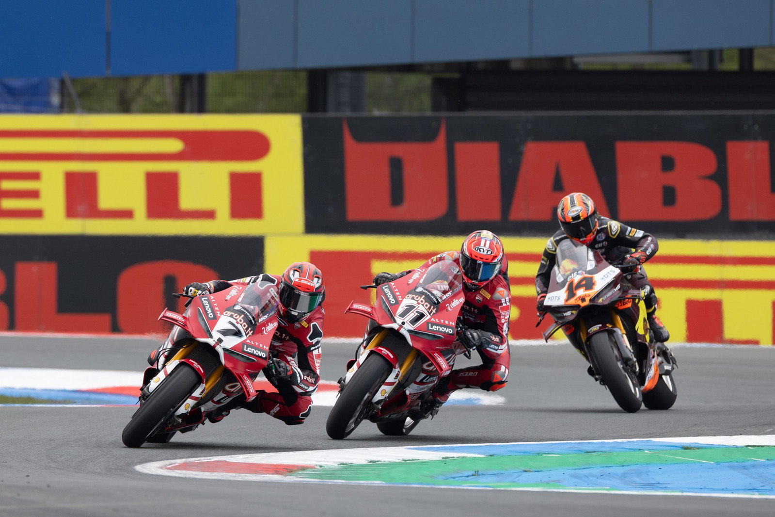 Iker Lecuona leads Nicolo Bulega and Sam Lowes, 2026 Dutch WorldSBK. Credit: Gold and Goose.