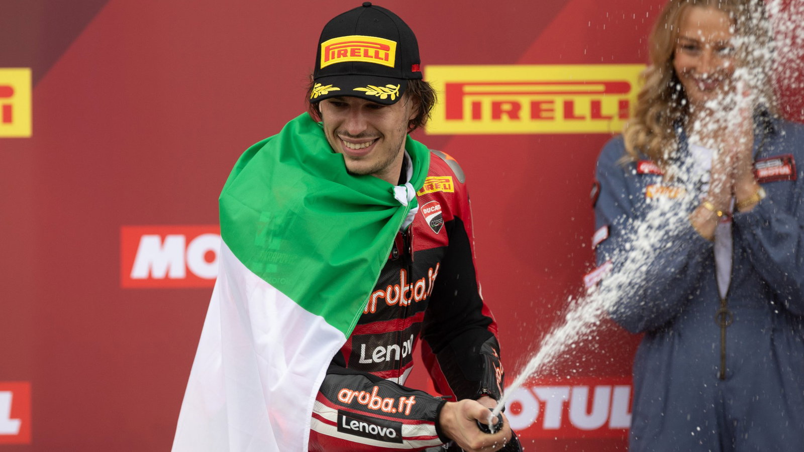 Nicolo Bulega, 2026 Dutch WorldSBK, podium. Credit: Gold and Goose.