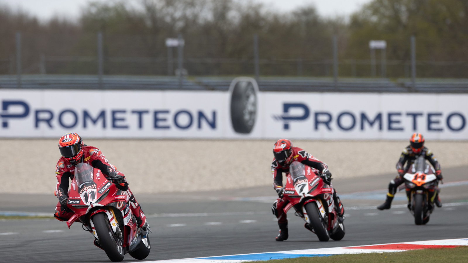 Nicolo Bulega leads Iker Lecuona, Sam Lowes, 2026 Dutch WorldSBK. Credit: Gold and Goose.