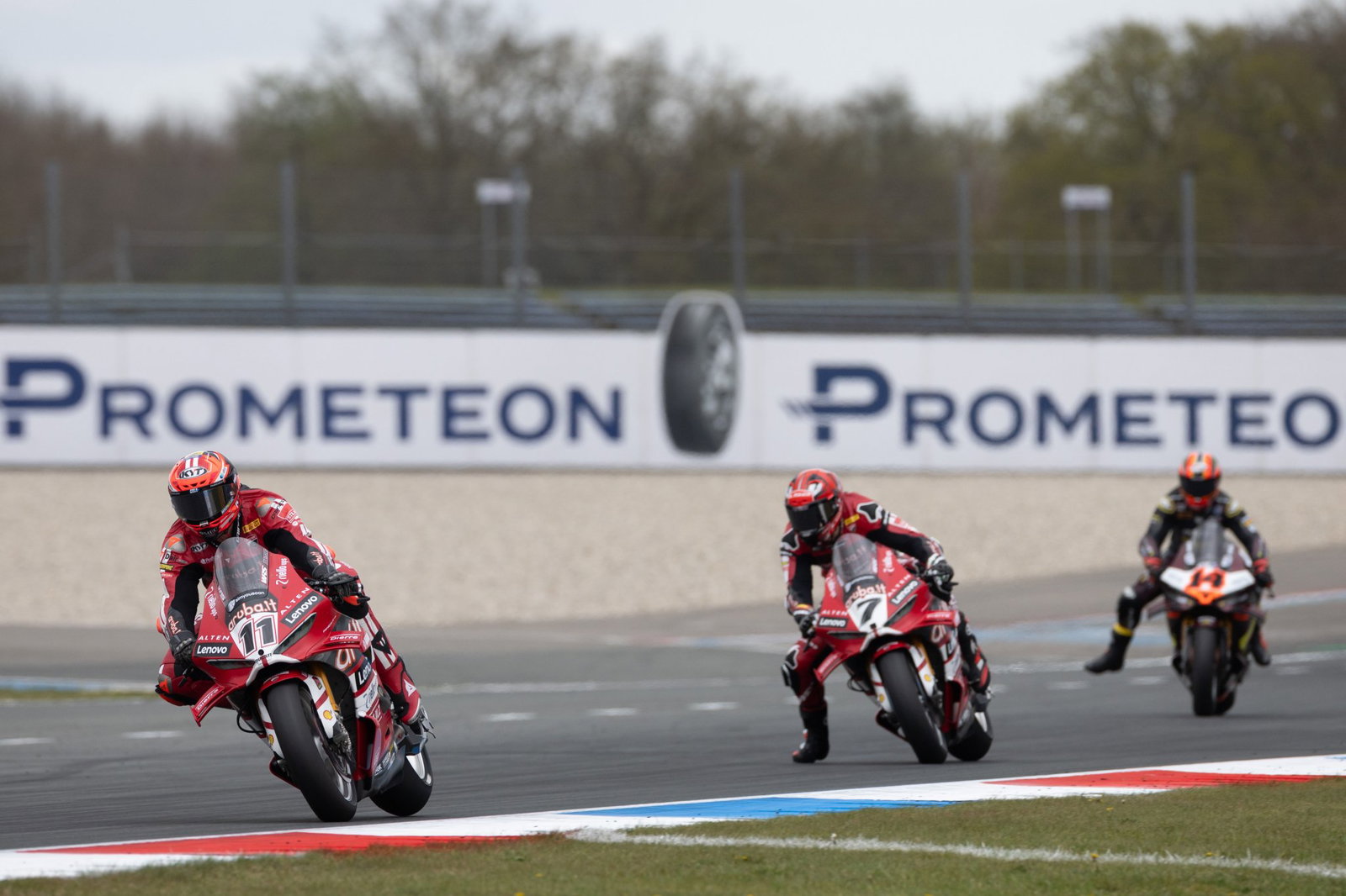 Nicolo Bulega leads Iker Lecuona, Sam Lowes, 2026 Dutch WorldSBK. Credit: Gold and Goose.