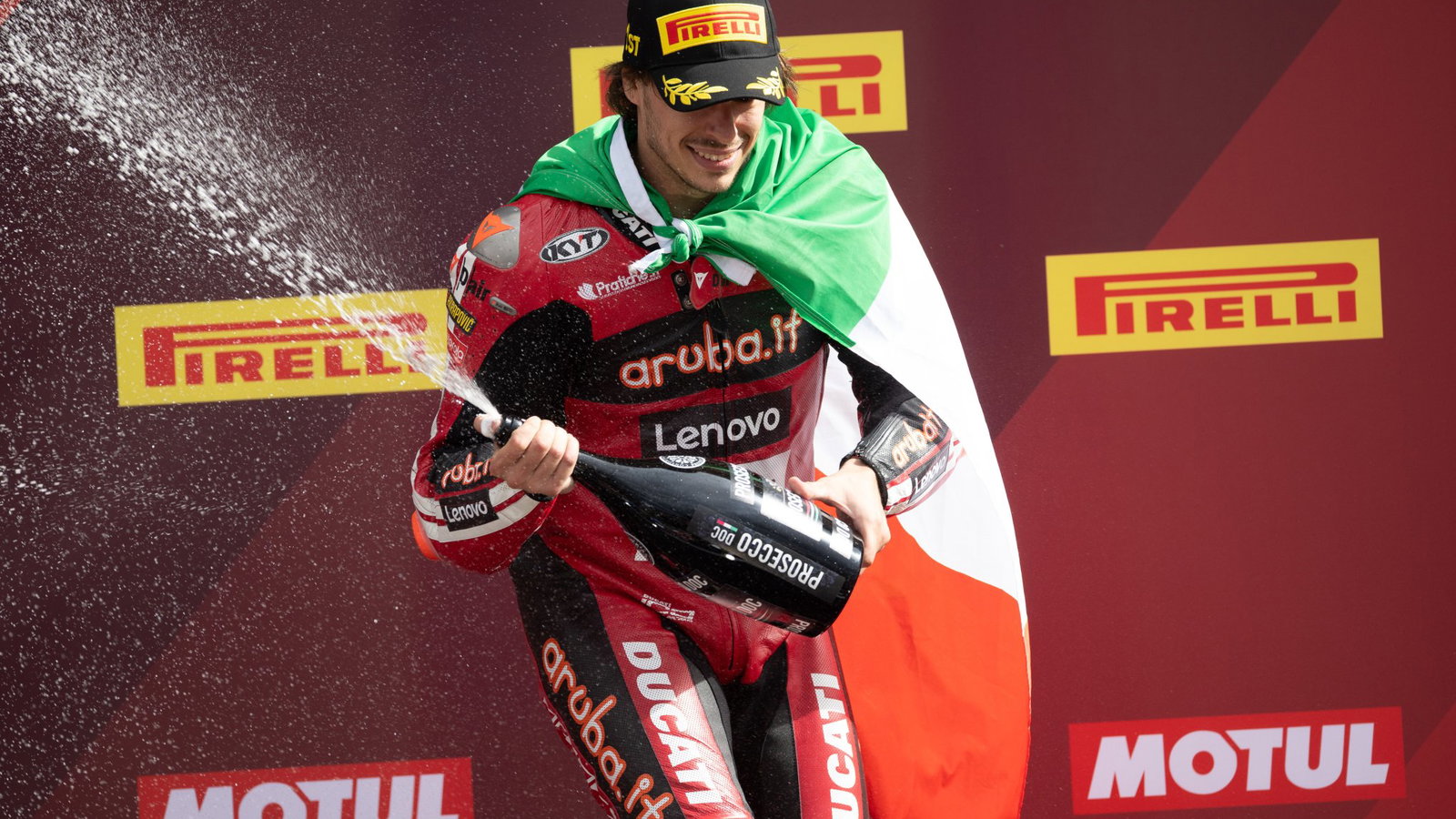 Nicolo Bulega, 2026 Dutch WorldSBK, podium. Credit: Gold and Goose.