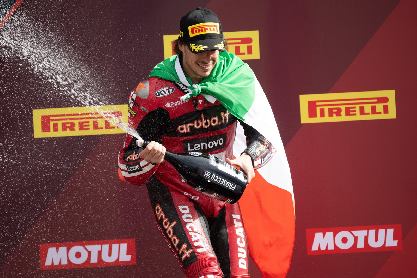 Nicolo Bulega, 2026 Dutch WorldSBK, podium. Credit: Gold and Goose.