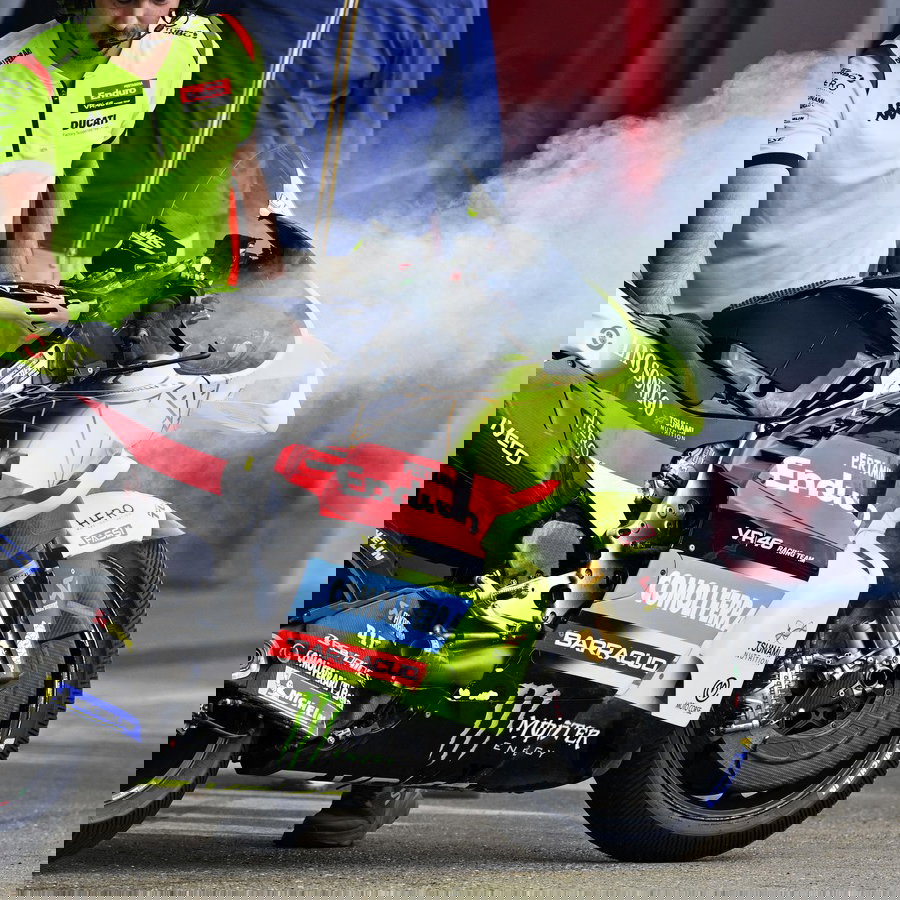 Franco Morbidelli pulls in with a smoke from his engine, FP2, 2026 Spanish MotoGP.