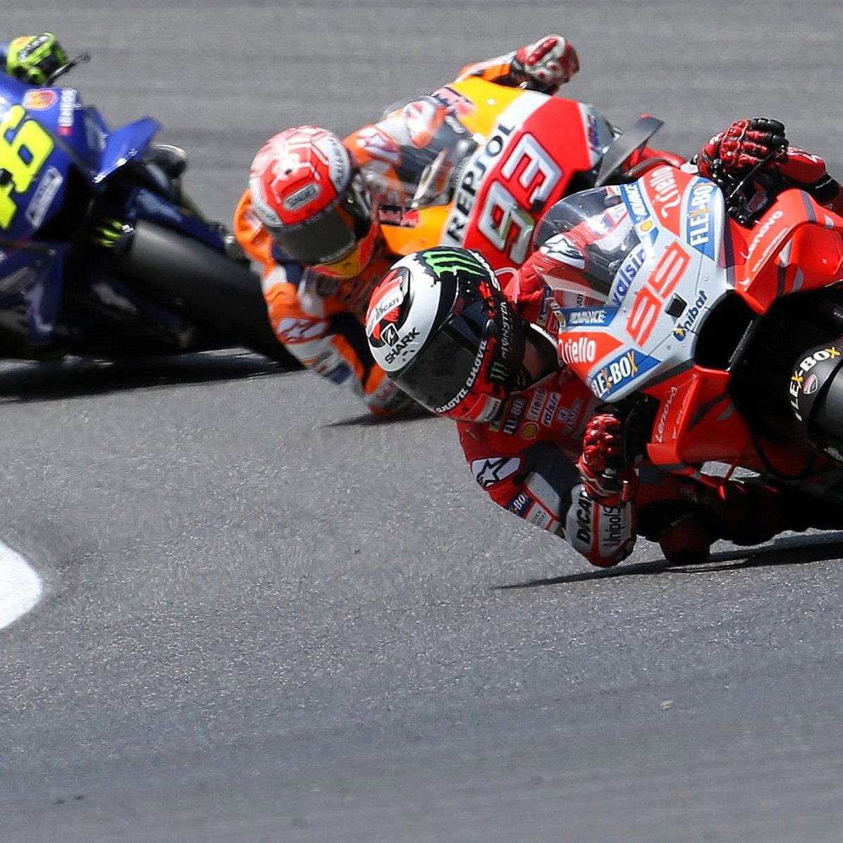 Jorge Lorenzo leads Marc Marquez and Valentino Rossi, 2018 Italian MotoGP.
