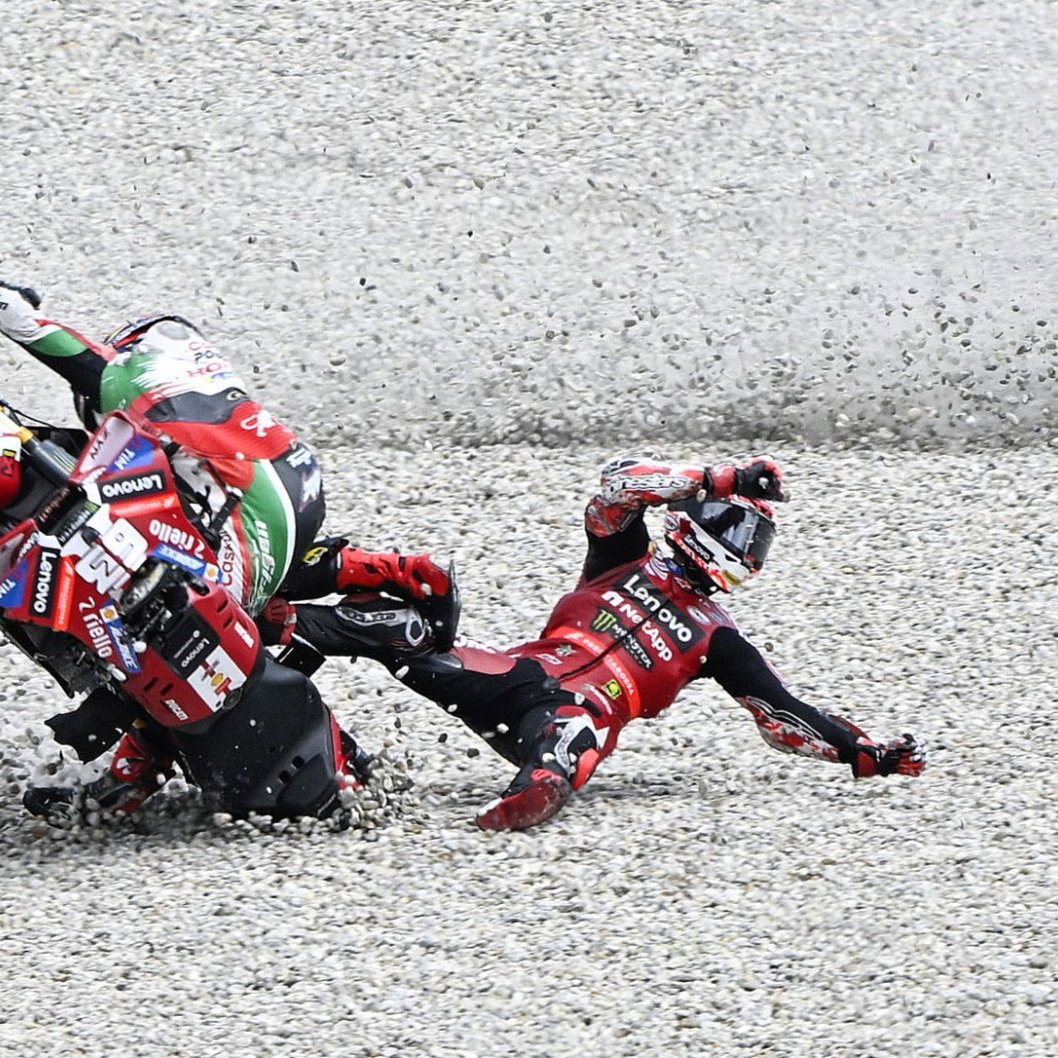 Pecco Bagnaia, Johann Zarco, Turn 1 crash, 2026 Catalan MotoGP.