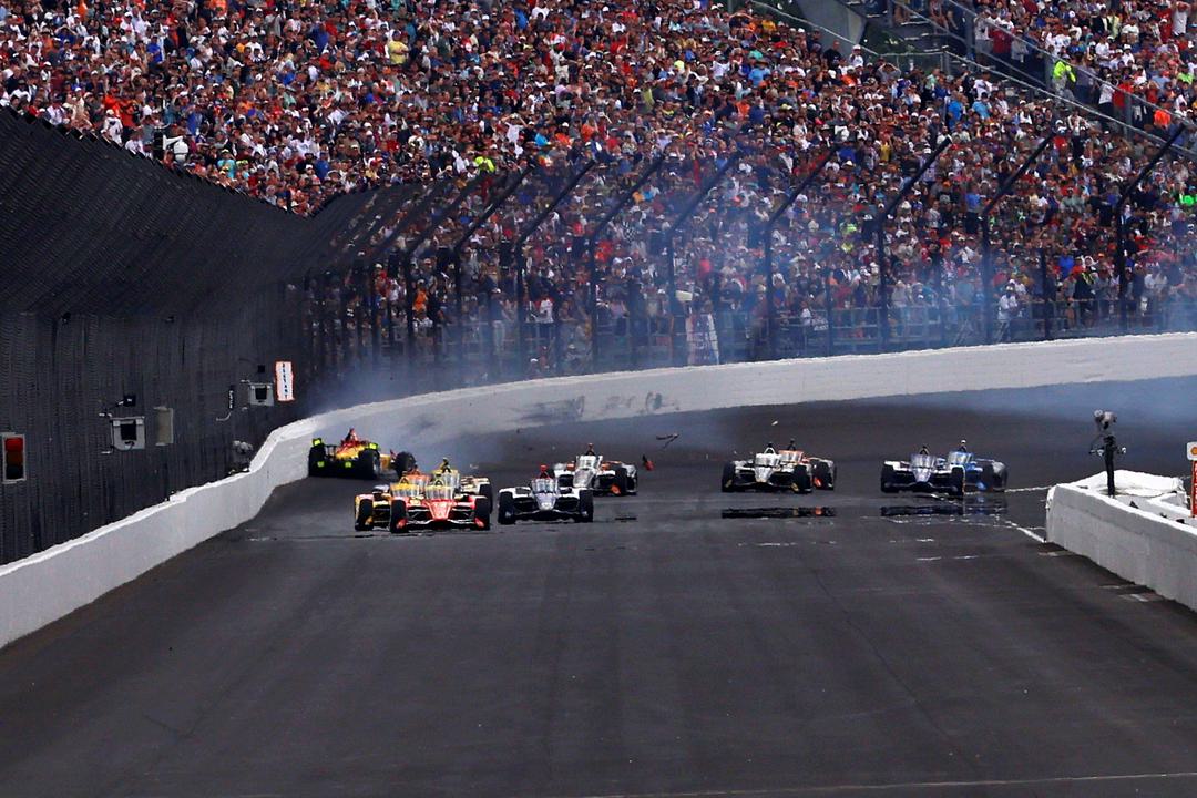 Newgarden crashes on a restart at the Indy 500