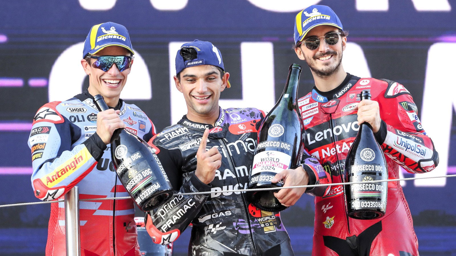 Marc Márquez, Jorge Martín, Pecco Bagnaia, Barcelona 2024.