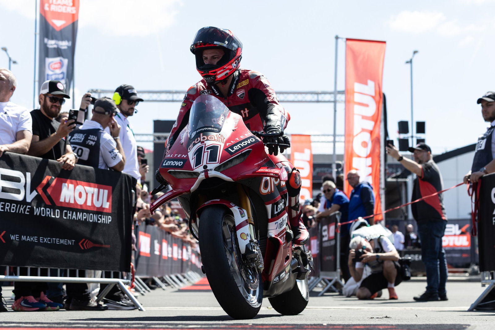 Nicolo Bulega, 2026 Hungarian WorldSBK, Race 1 'victory lane'. Credit: Gold and Goose.
