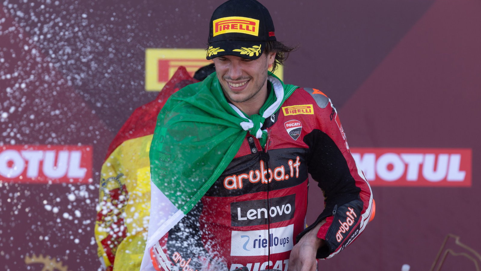 Nicolo Bulega, 2026 Hungarian WorldSBK, podium. Credit: Gold and Goose.