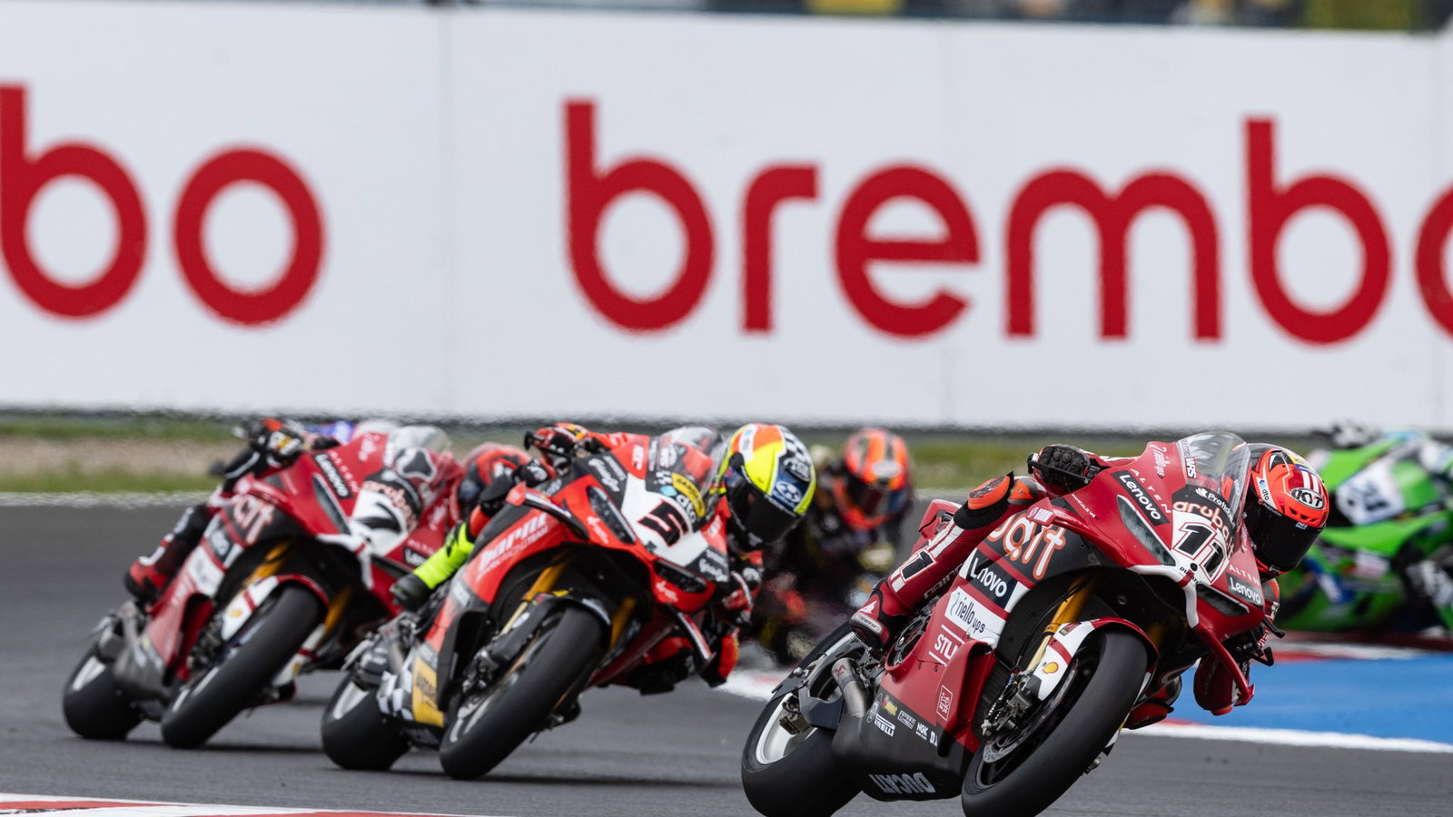 Nicolo Bulega leads Yari Montella, Iker Lecuona, 2026 Czech WorldSBK. Credit: Gold and Goose.