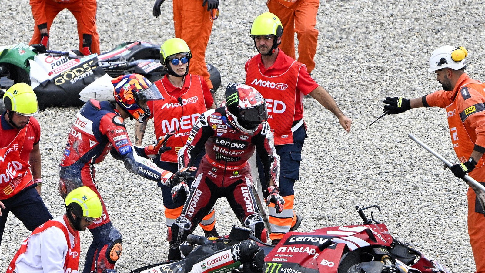 Bagnaia, Marini assist Zarco after Catalan MotoGP Turn 1 accident.
