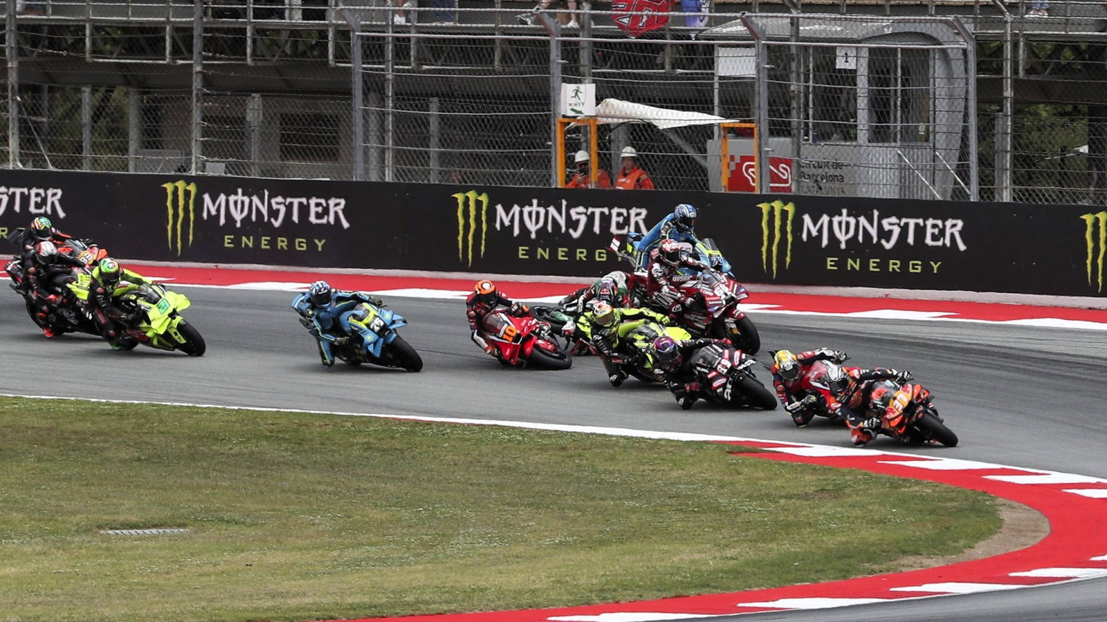 Zarco falls into Bagnaia, Marini. Turn 1, 2026 Catalan MotoGP.