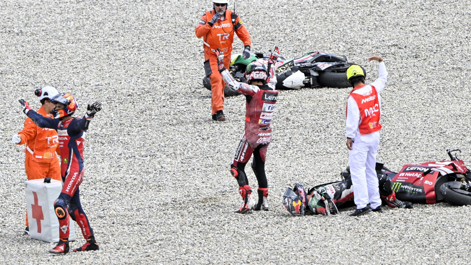 Bagnaia, Marini call for medical assistance for Zarco, 2026 Catalan MotoGP.