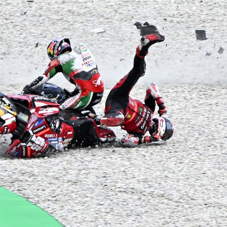 Johann Zarco, Pecco Bagnaia, Turn 1 accident, 2026 Catalan MotoGP.