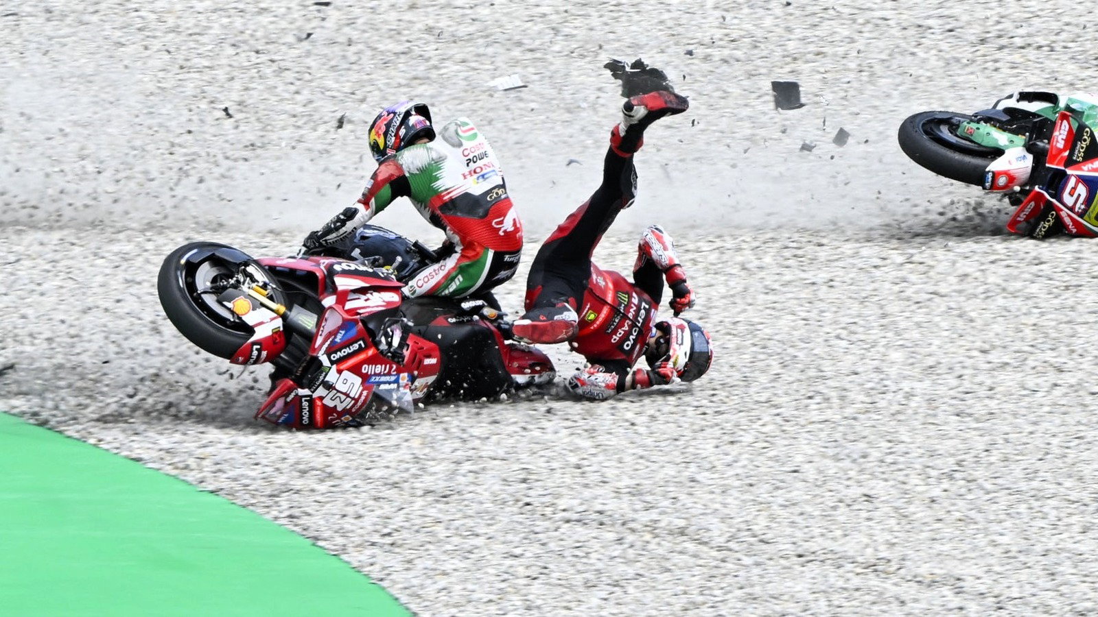 Johann Zarco, Pecco Bagnaia, Turn 1 accident, 2026 Catalan MotoGP.