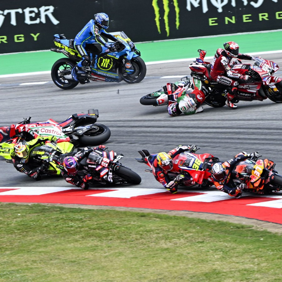 Zarco, Bagnaia, Marini, Turn 1 accident, 2026 Catalan MotoGP.