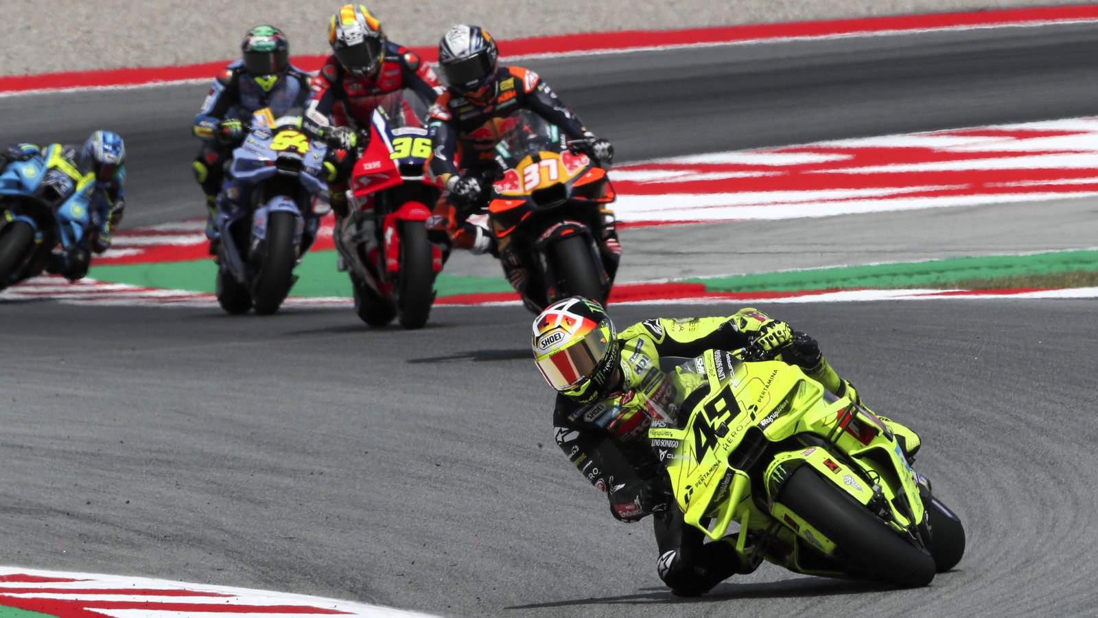 Fabio di Giannantonio leads, 2026 Catalan MotoGP.
