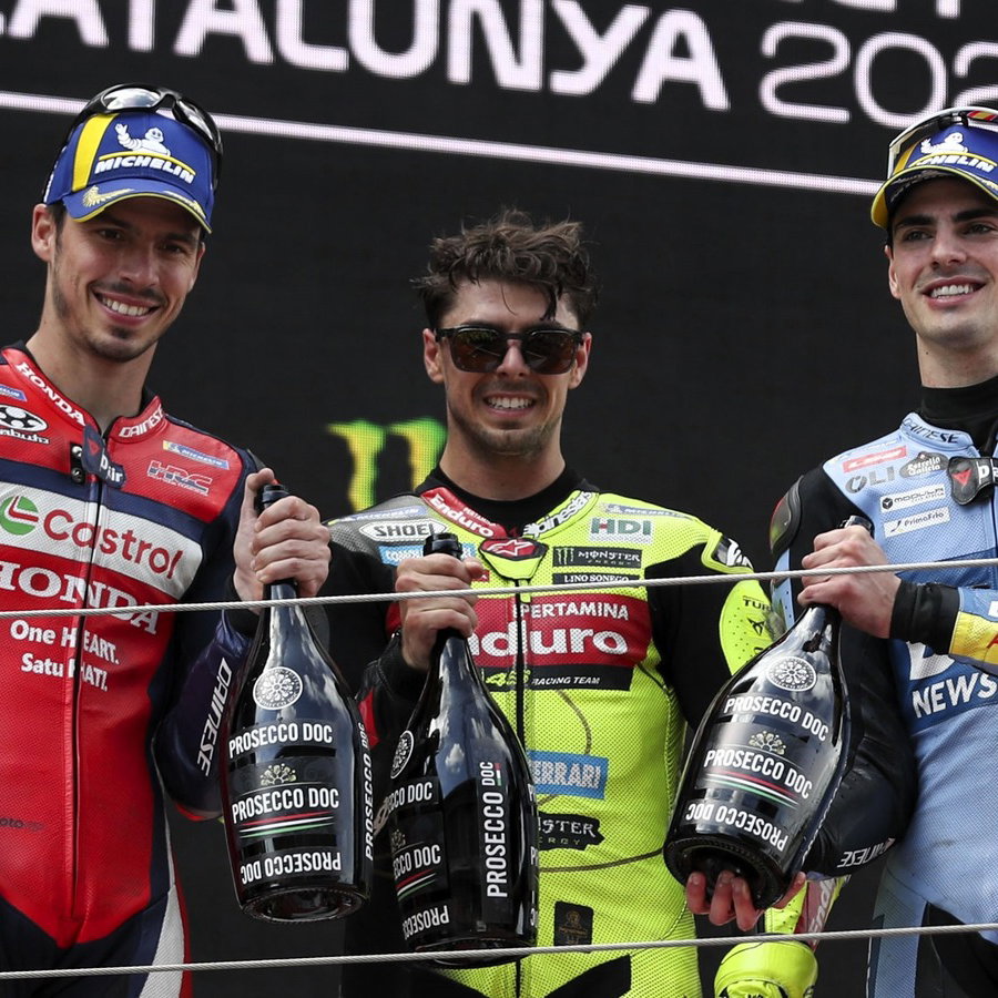 di Giannantonio, Mir, Aldeguer, podium, 2026 Catalan MotoGP.
