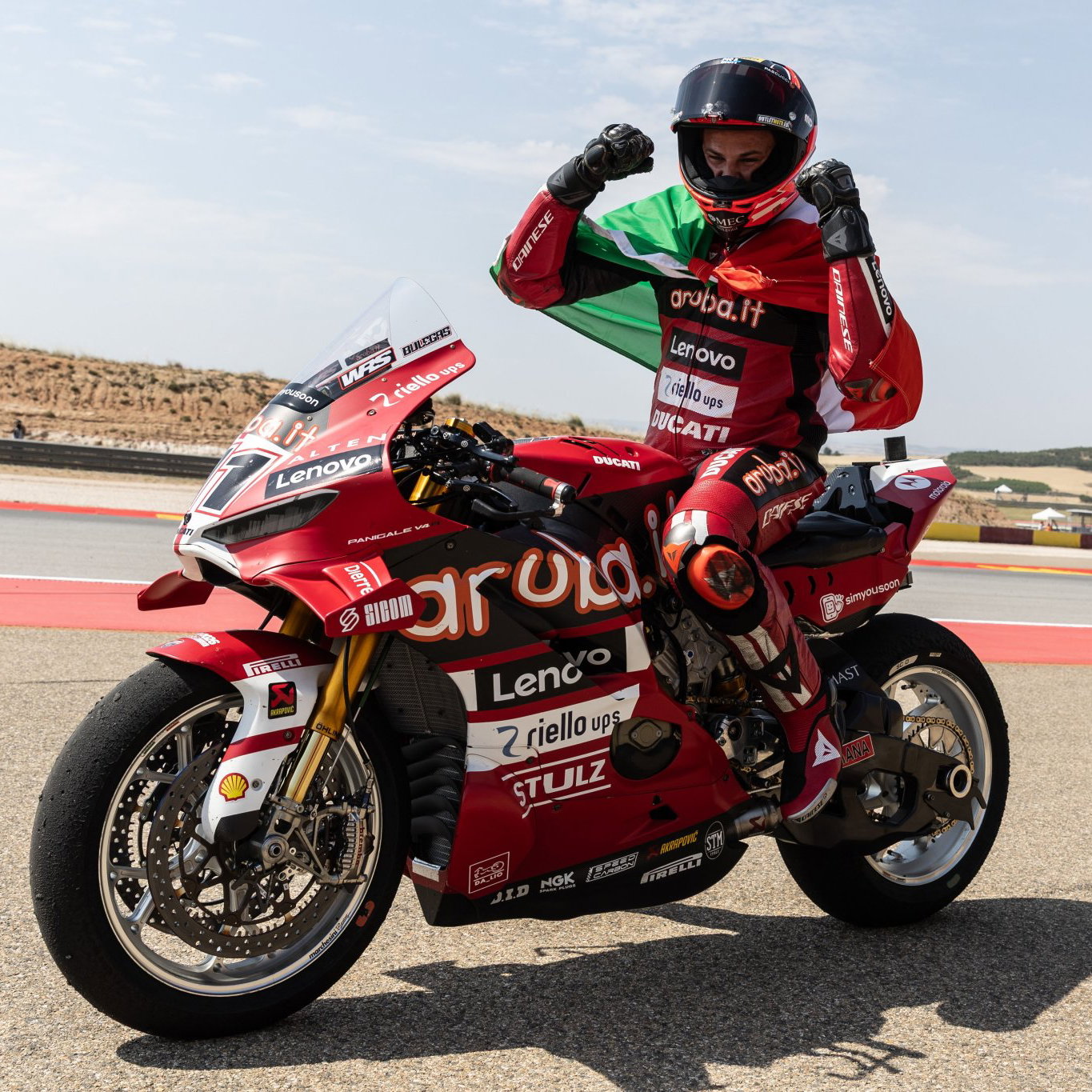 Nicolo Bulega celebrates after winning Race 1 at the 2026 Aragon WorldSBK. Credit: Gold and Goose.