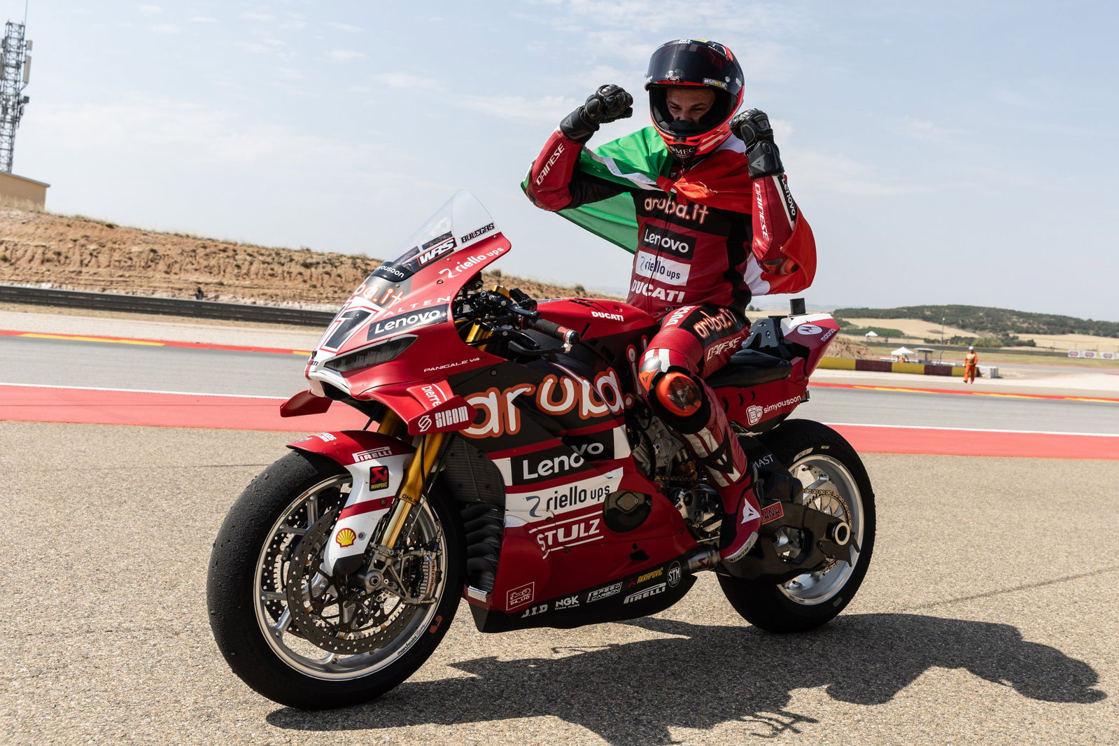 Nicolo Bulega celebrates after winning Race 1 at the 2026 Aragon WorldSBK. Credit: Gold and Goose.