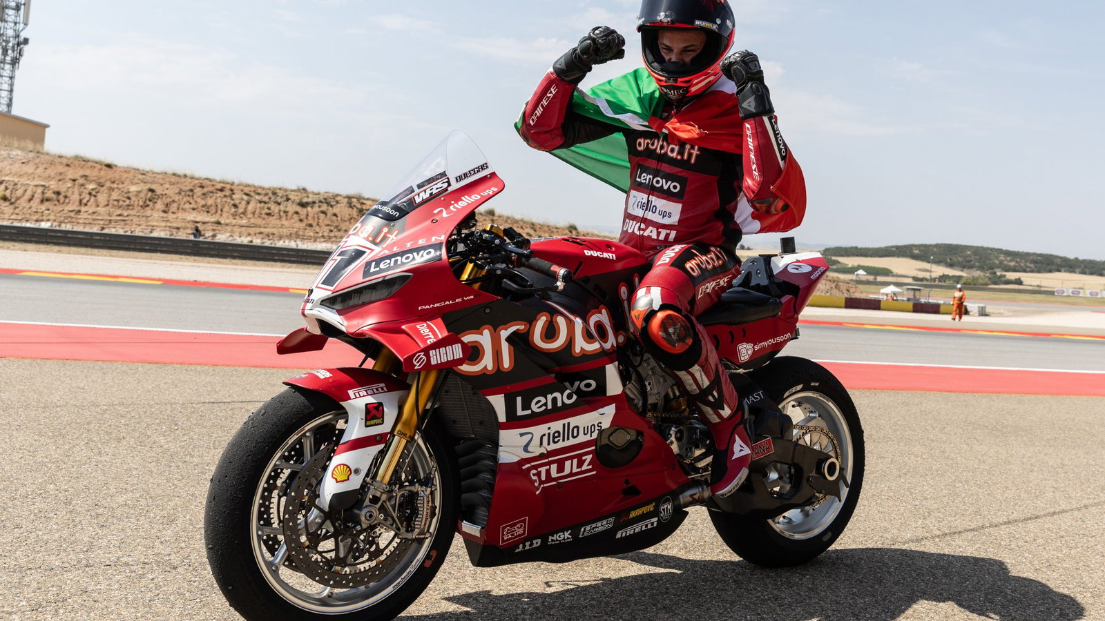 Nicolo Bulega celebrates after winning Race 1 at the 2026 Aragon WorldSBK. Credit: Gold and Goose.