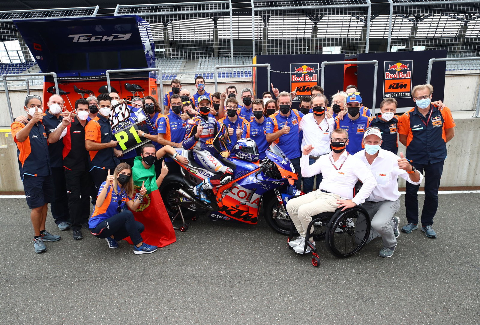 Miguel Oliveira and Tech3 celebrate a KTM victory in Austria, 2020