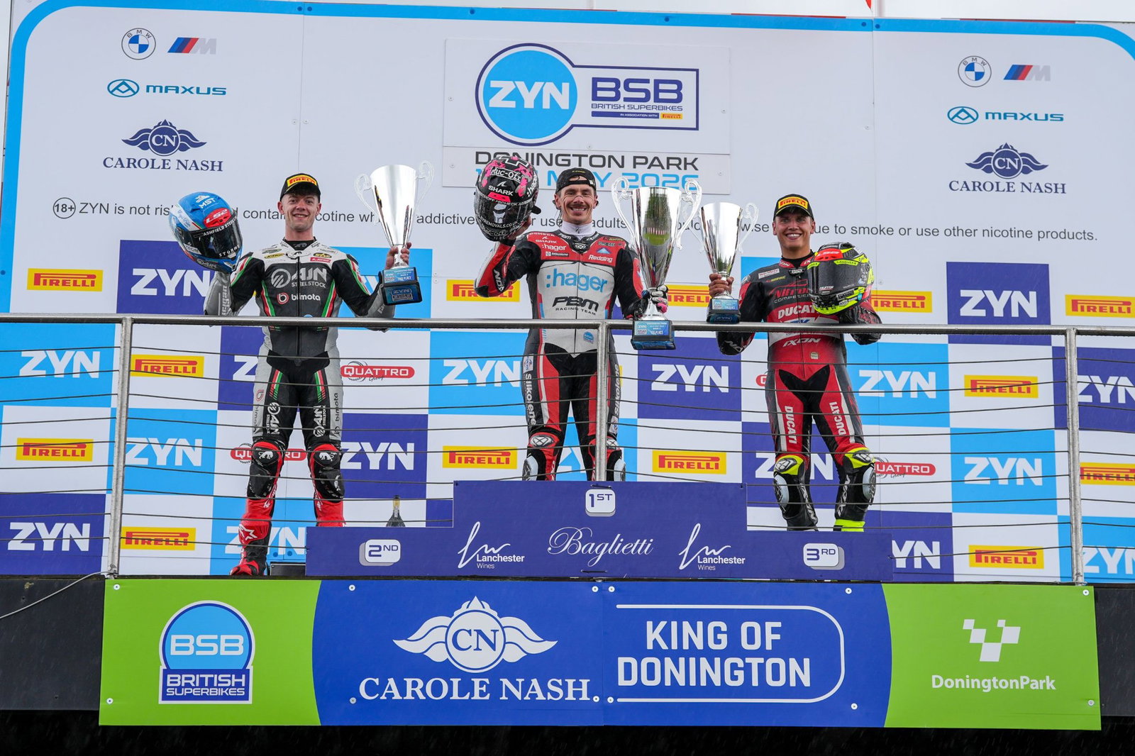 Race one podium, Donington Park, Redding, Cook, Ryde, BSB, 2026