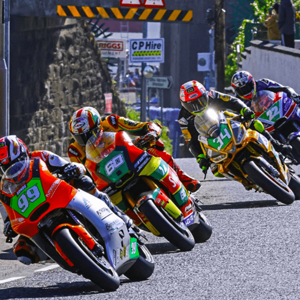 Jeremy McWilliams leads Peter Hickman, Alastair Seeley, Paul Jordan, 2026 North West 200, Supertwin. Credit: Pacemaker Press/North West 200.