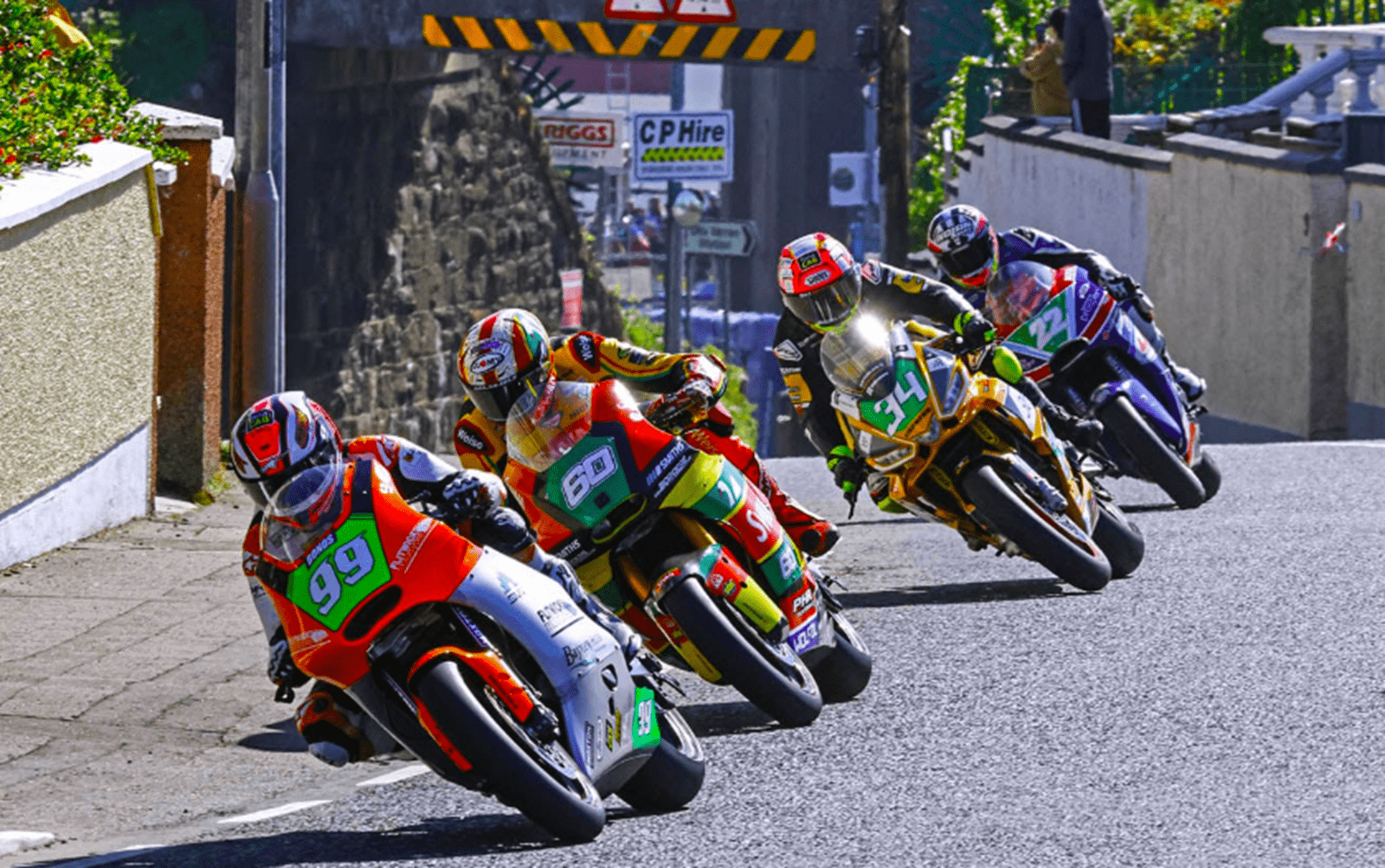 Jeremy McWilliams leads Peter Hickman, Alastair Seeley, Paul Jordan, 2026 North West 200, Supertwin. Credit: Pacemaker Press/North West 200.