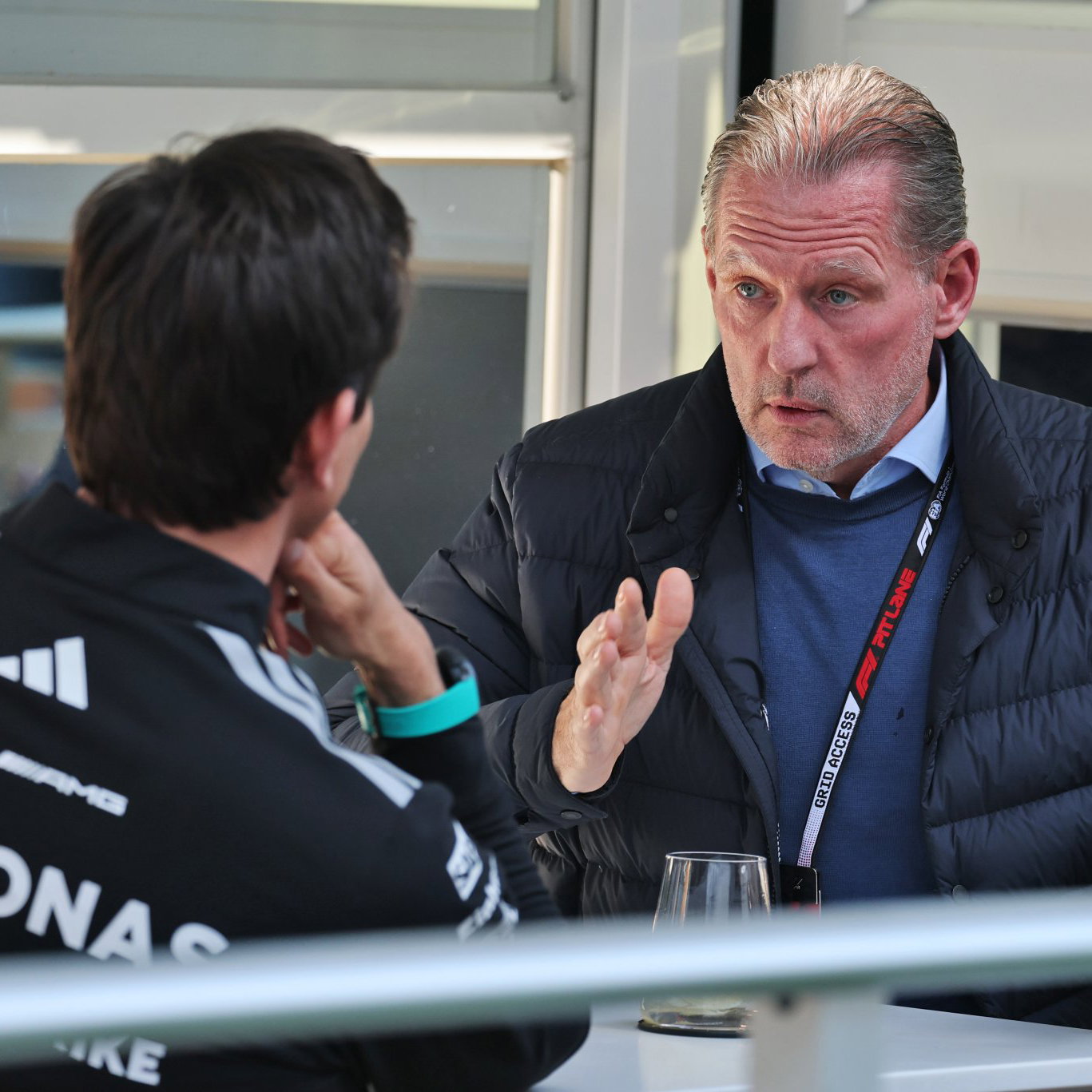 Toto Wolff and Jos Verstappen chat in the Montreal paddock
