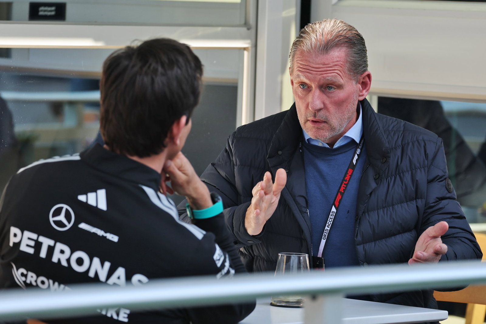 Toto Wolff and Jos Verstappen chat in the Montreal paddock 