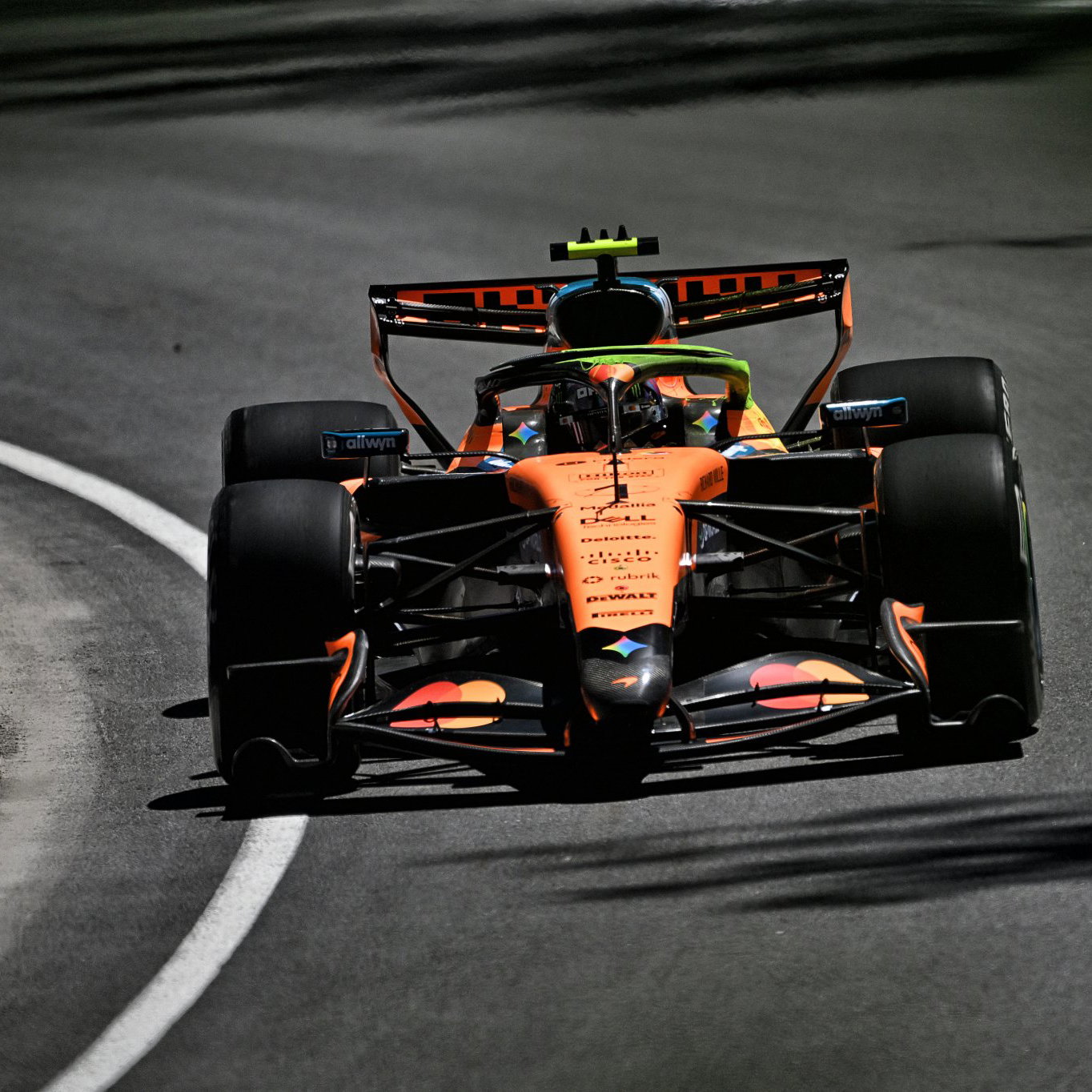 Norris tested the new front wing in practice (pictured here)