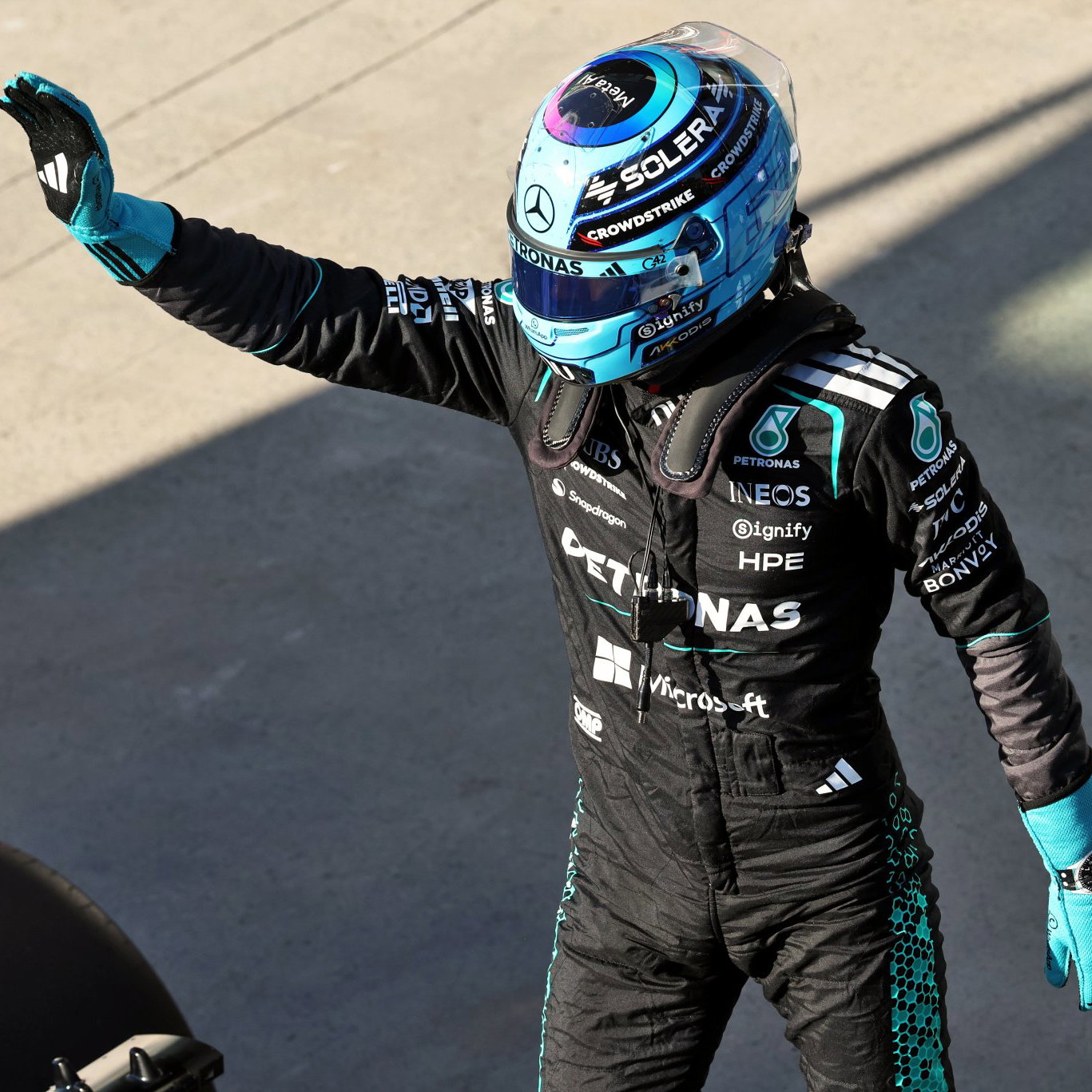 Russell celebrates his sprint pole in Canada