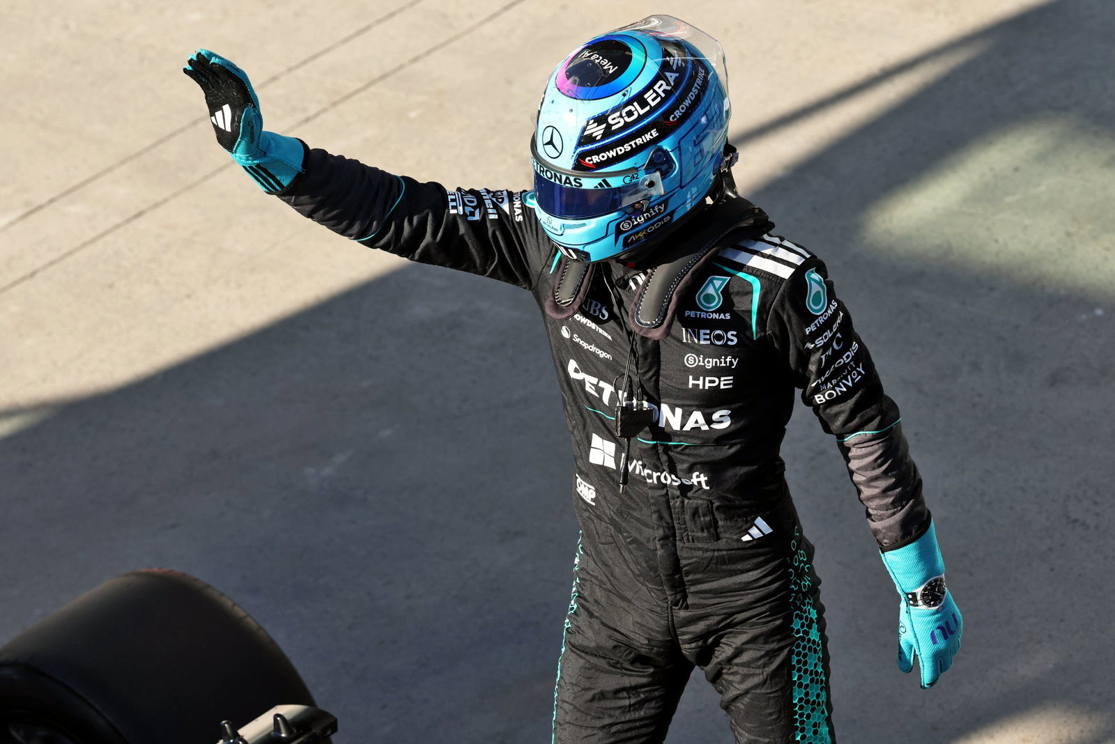 Russell celebrates his sprint pole in Canada