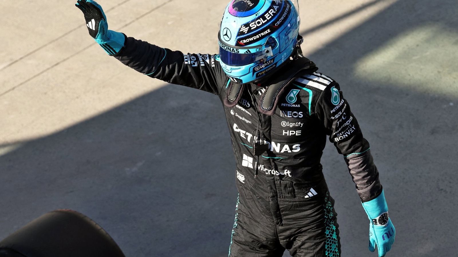 Russell celebrates his sprint pole in Canada