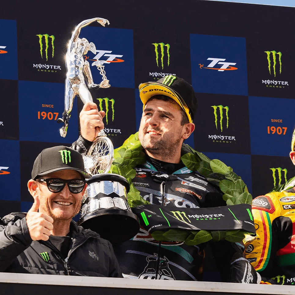 Michael Dunlop, Dean Harrison, Peter Hickman, Ricky Carmichael on 2026 Isle of Man TT Supersport Race 1 podium. Credit: Isle of Man TT.