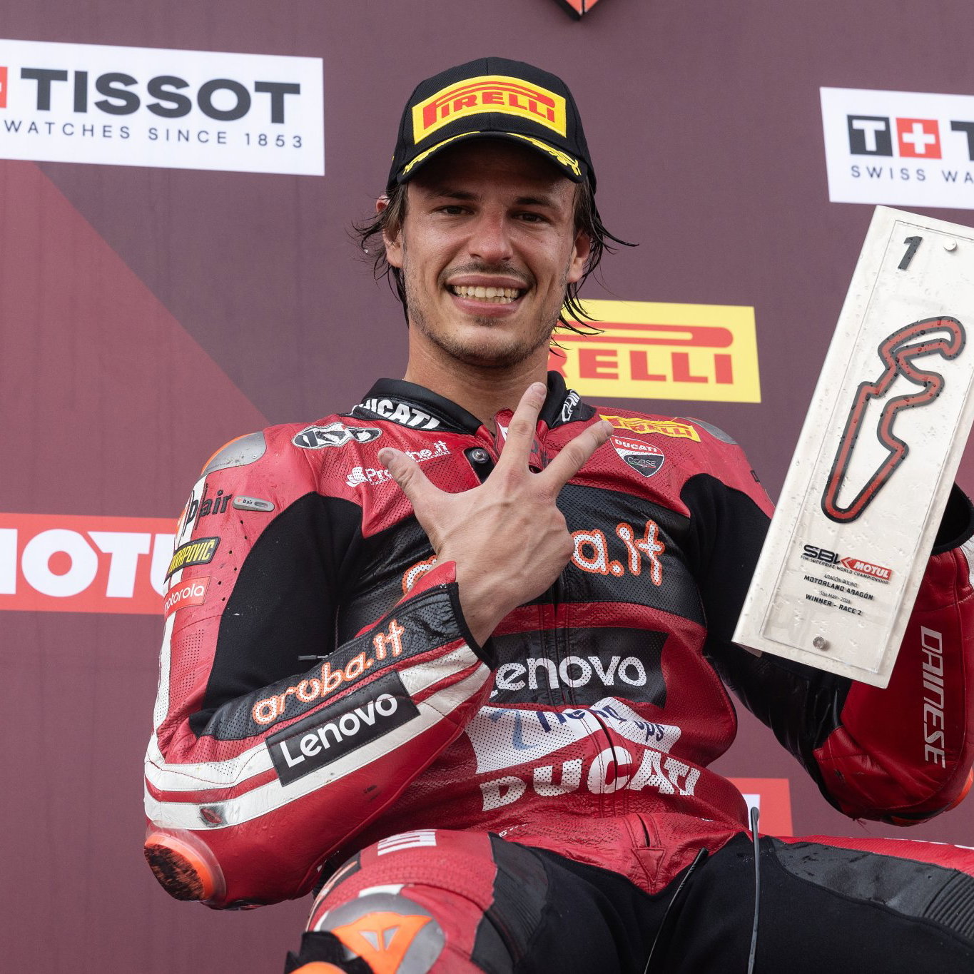 Nicolo Bulega, 2026 Aragon WorldSBK, podium. Credit: Gold and Goose.