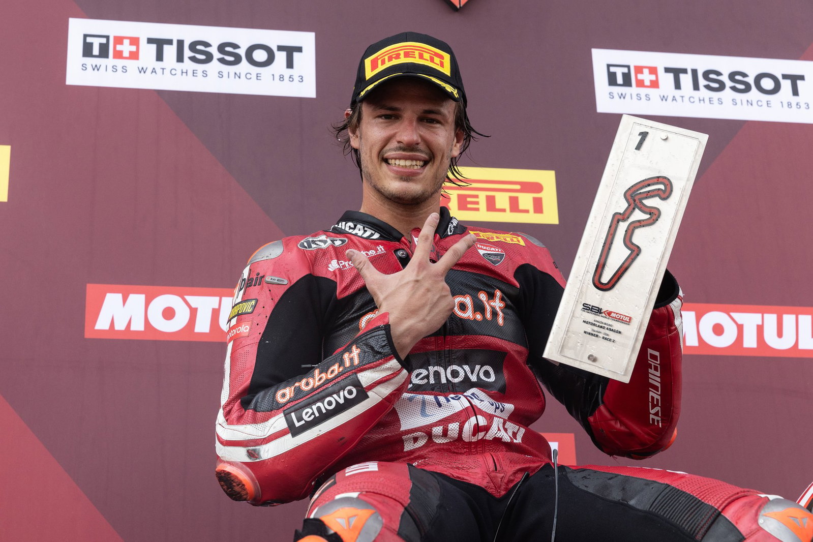 Nicolo Bulega, 2026 Aragon WorldSBK, podium. Credit: Gold and Goose.