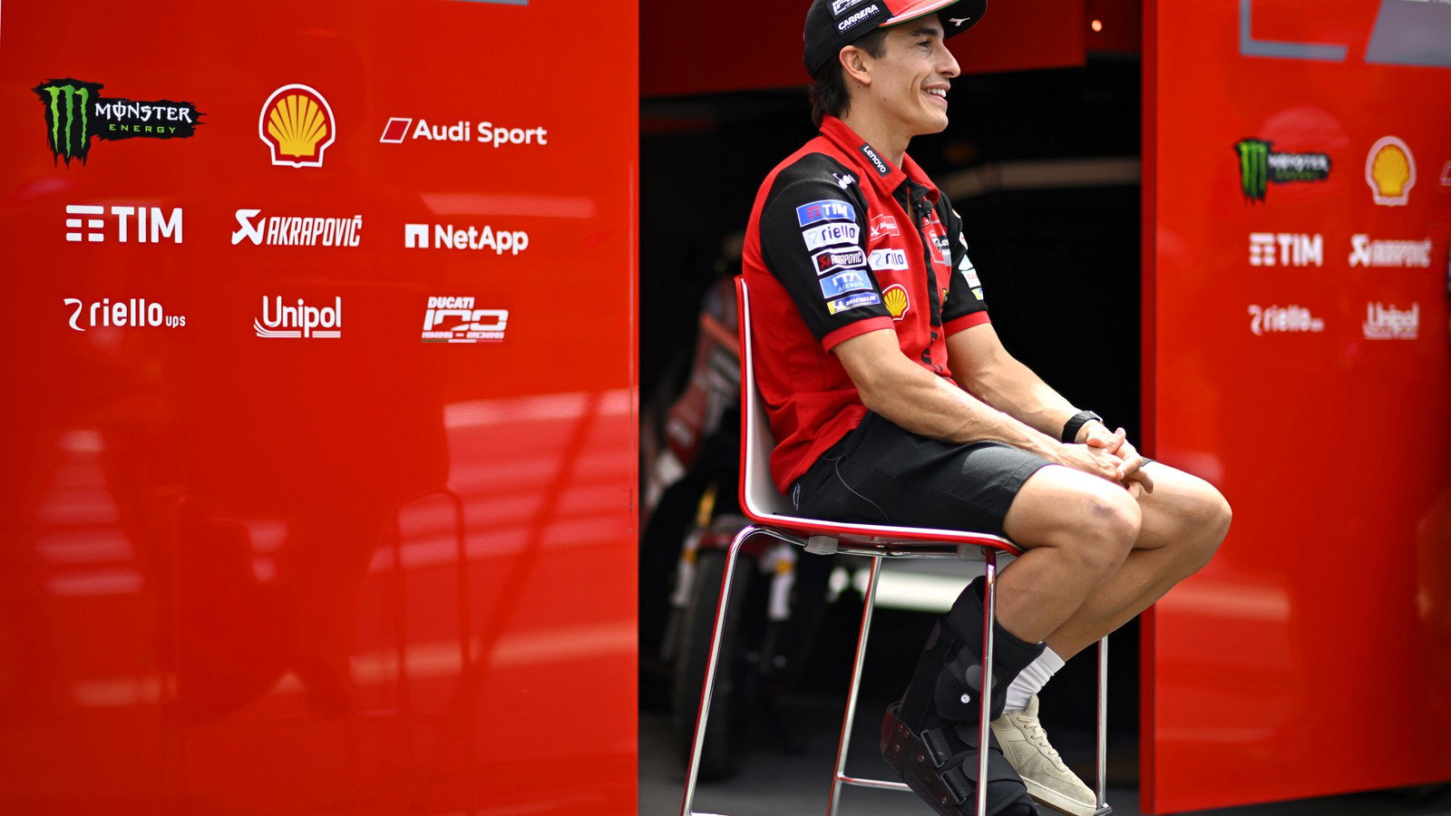 Marc Marquez, with boot on injured foot, 2026 Hungarian MotoGP.