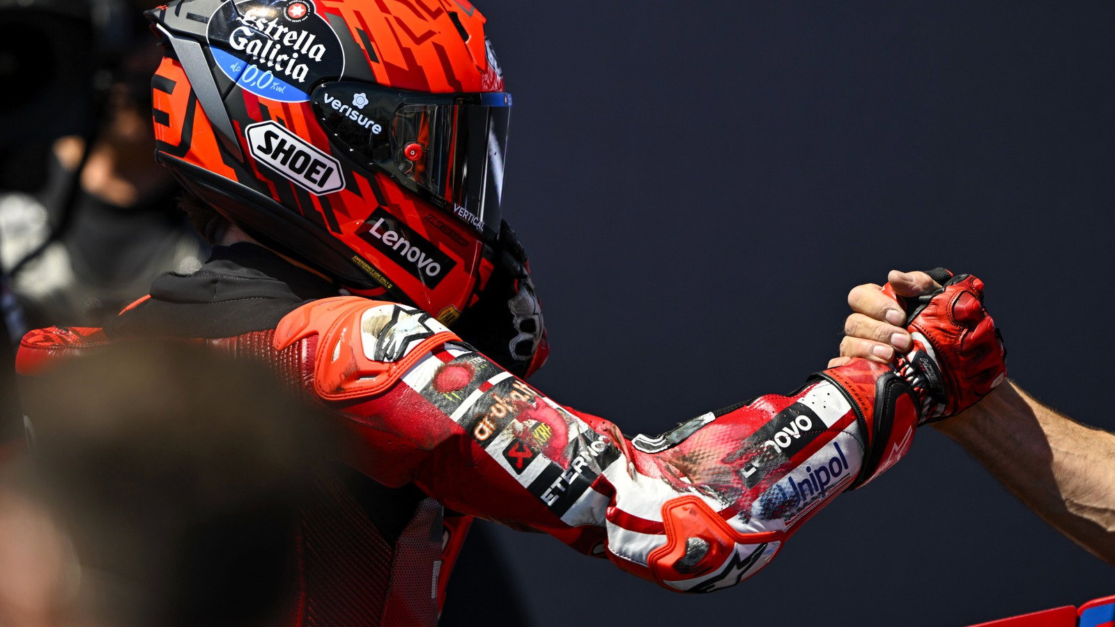 Marquez's damaged leathers after pole position at Balaton Park.