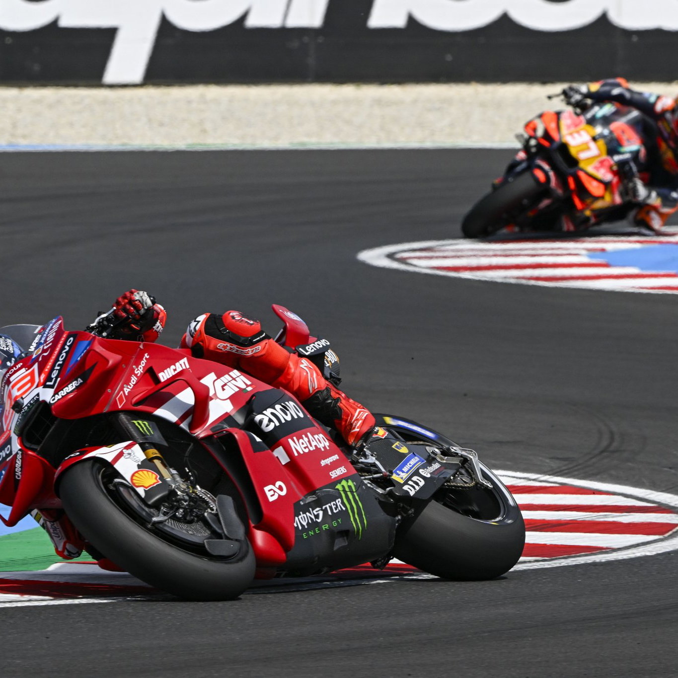Marc Marquez leads Pedro Acosta, 2026 MotoGP Hungarian Grand Prix. Credit: Gold and Goose.