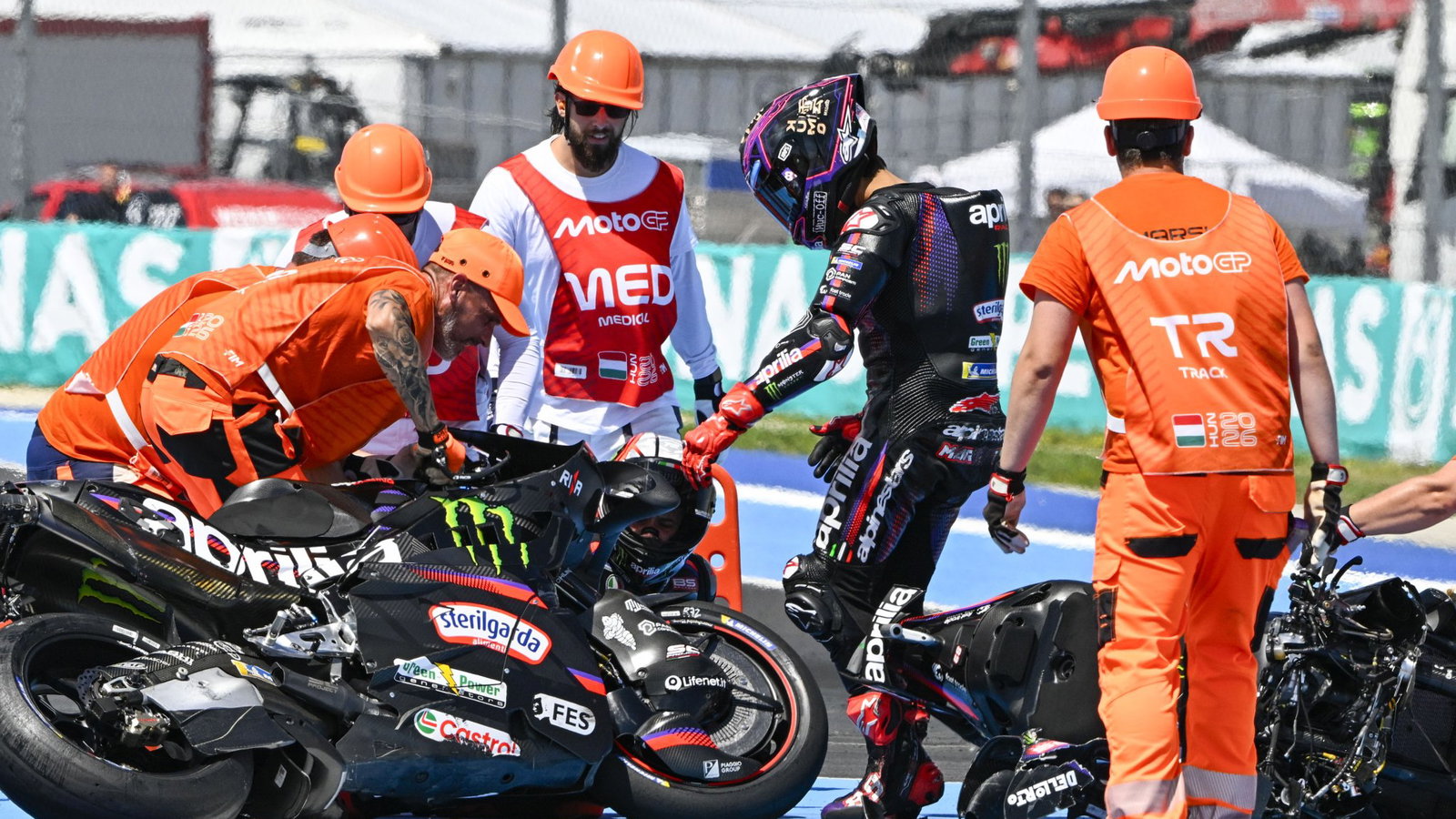 Jorge Martin after turn one crash, 2026 MotoGP Hungarian Grand Prix. Credit: Gold and Goose.