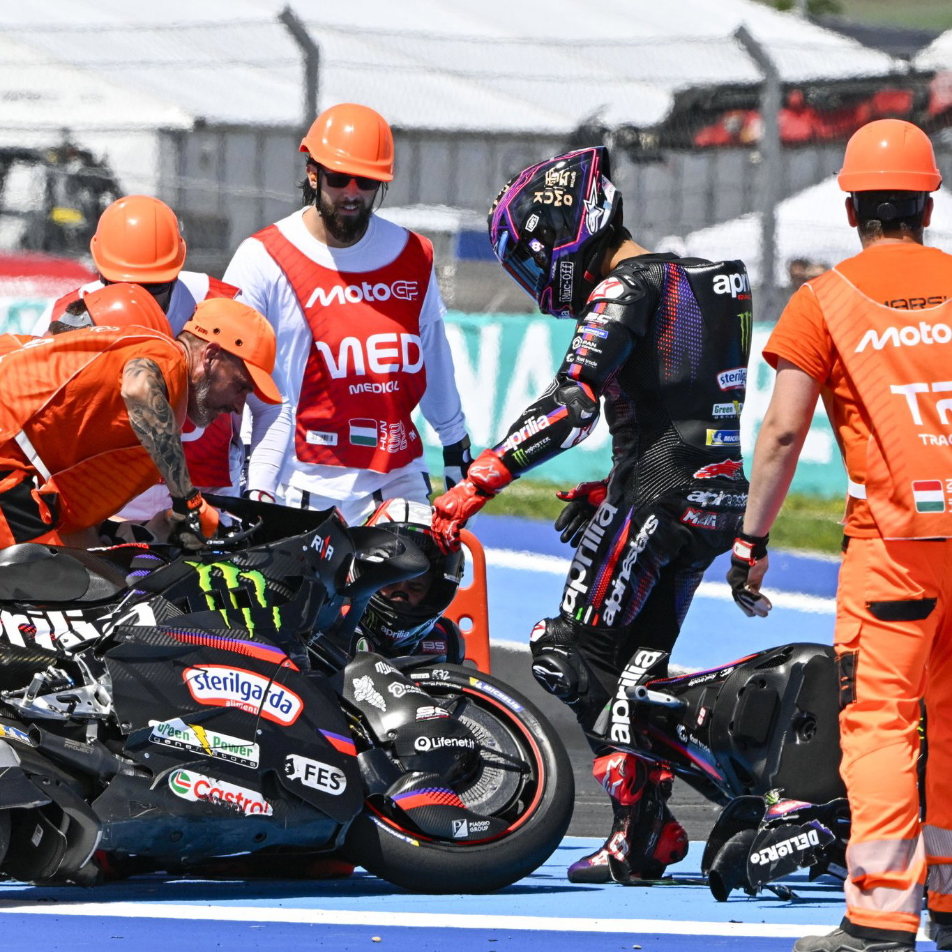 Jorge Martin after turn one crash, 2026 MotoGP Hungarian Grand Prix. Credit: Gold and Goose.