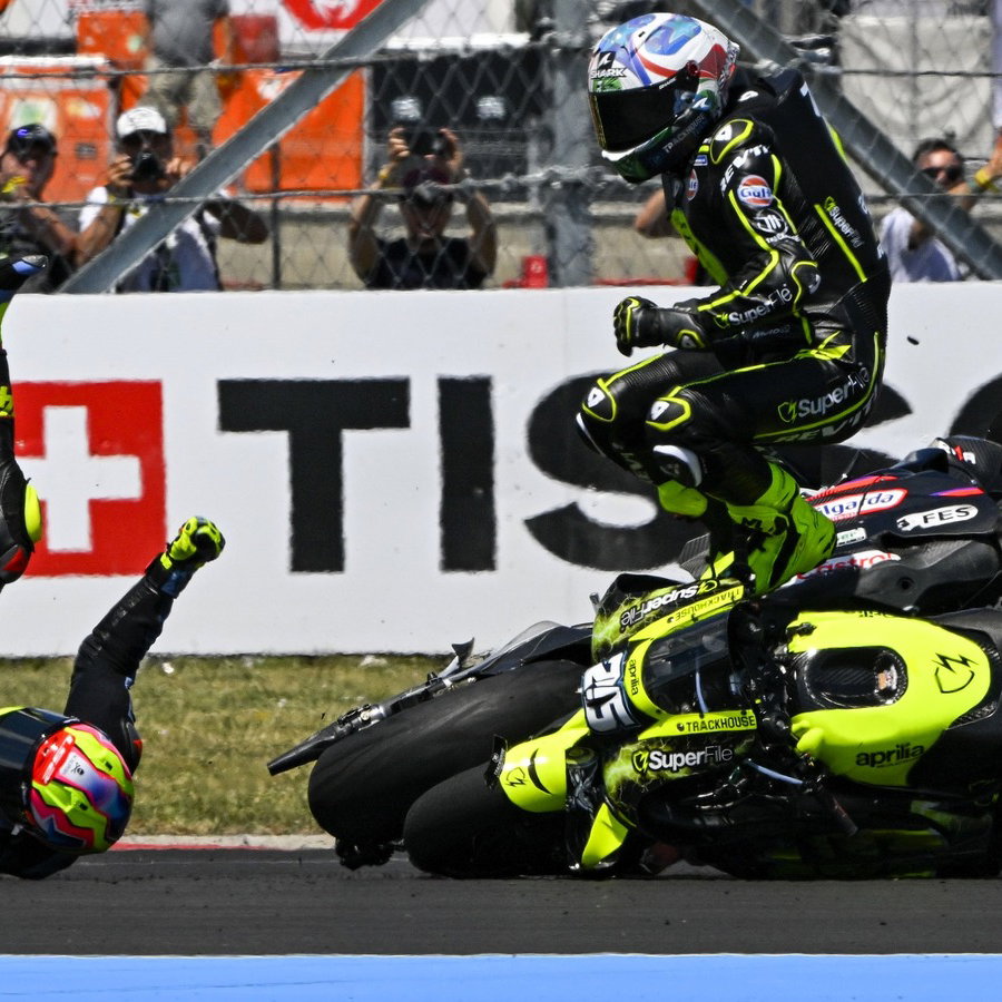 Fernandez, Aldeguer during Turn 1 incident, 2026 Hungarian MotoGP. 