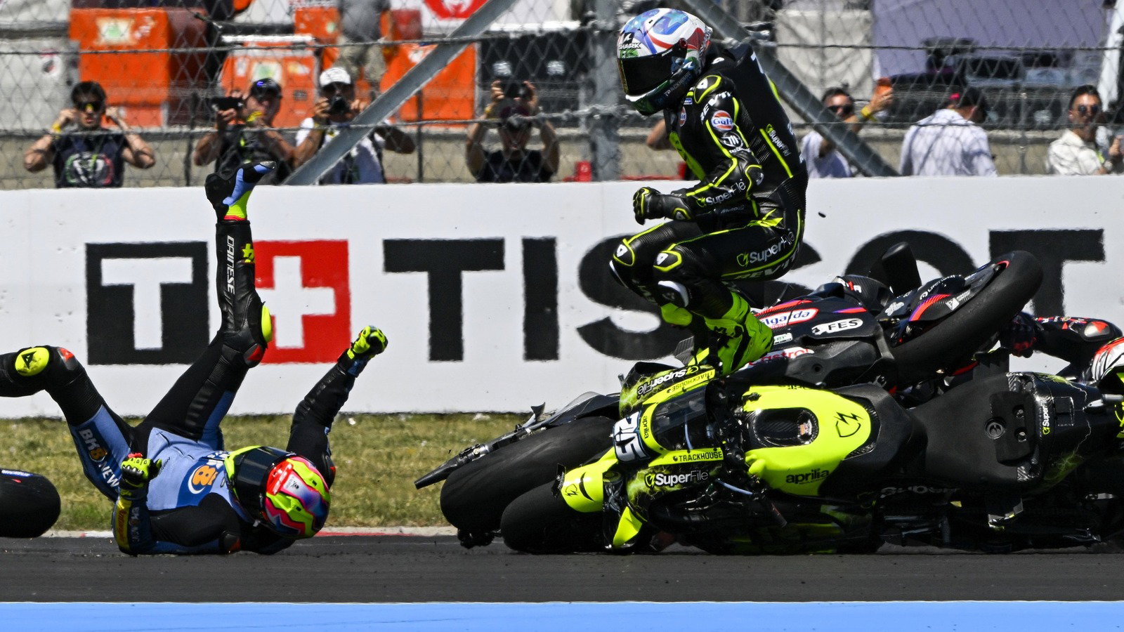 Fernandez, Aldeguer during Turn 1 incident, 2026 Hungarian MotoGP.