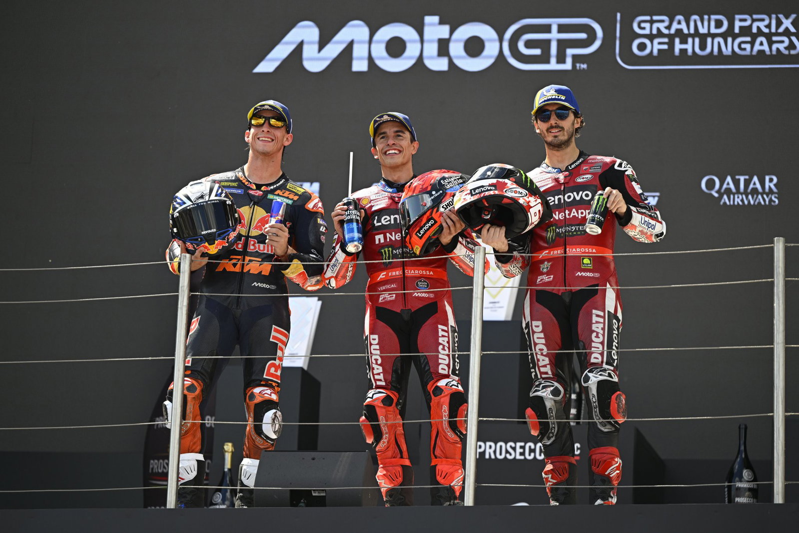 Pedro Acosta, Marc Marquez, Francesco Bagnaia, 2026 MotoGP Hungarian Grand Prix, podium. Credit: Gold and Goose.