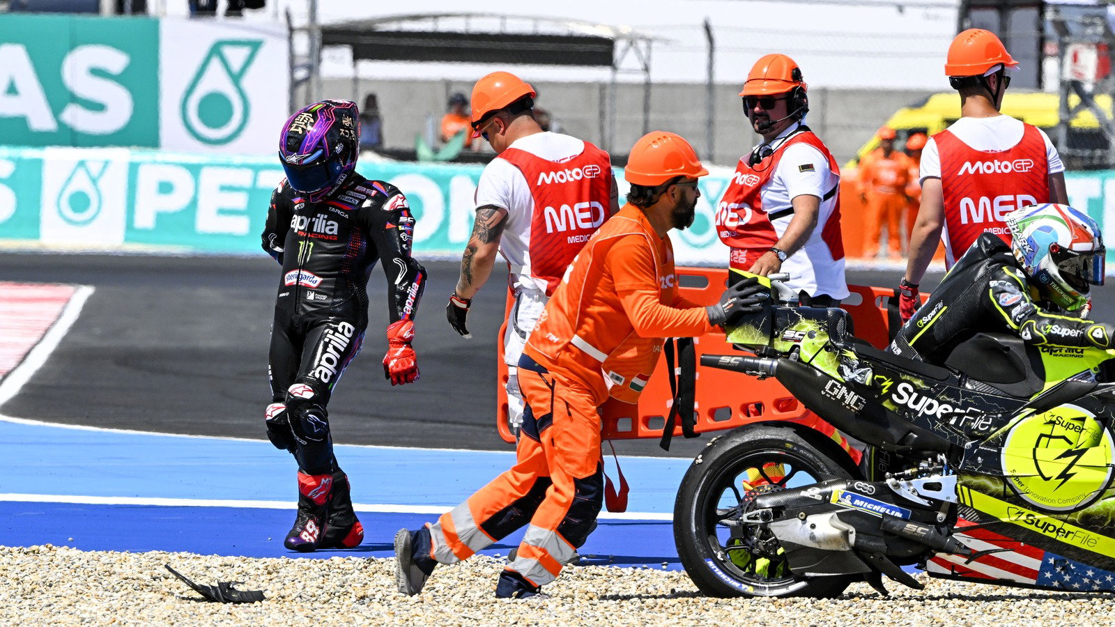 Jorge Martin after Turn 1 accident, 2026 Hungarian MotoGP. 