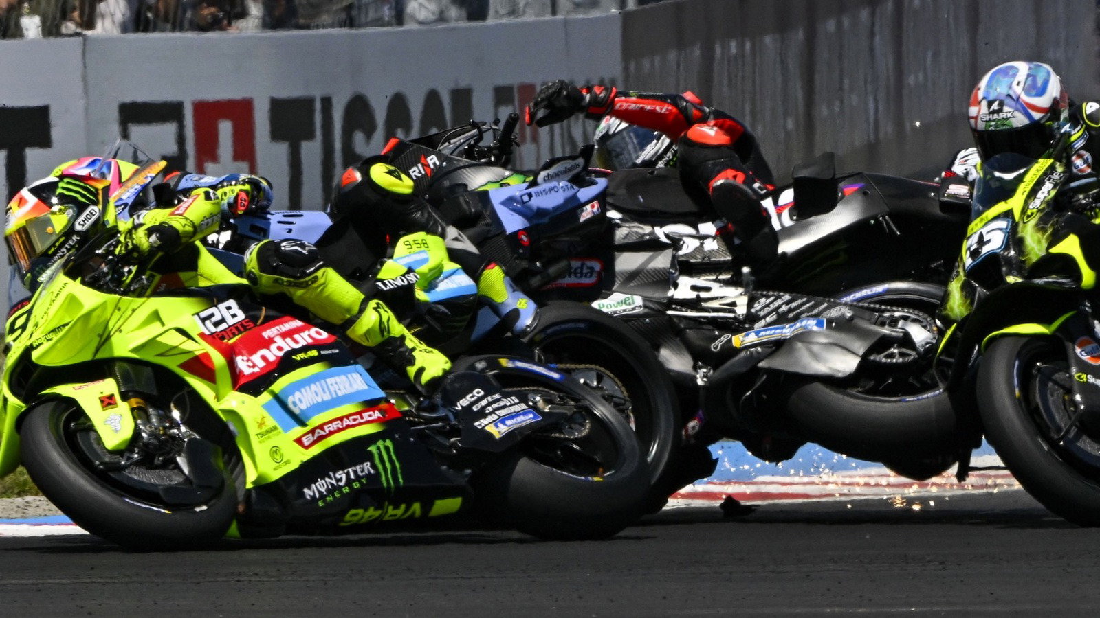 Jorge Martin, Marco Bezzecchi, Turn 1 crash, 2026 Hungarian MotoGP. 