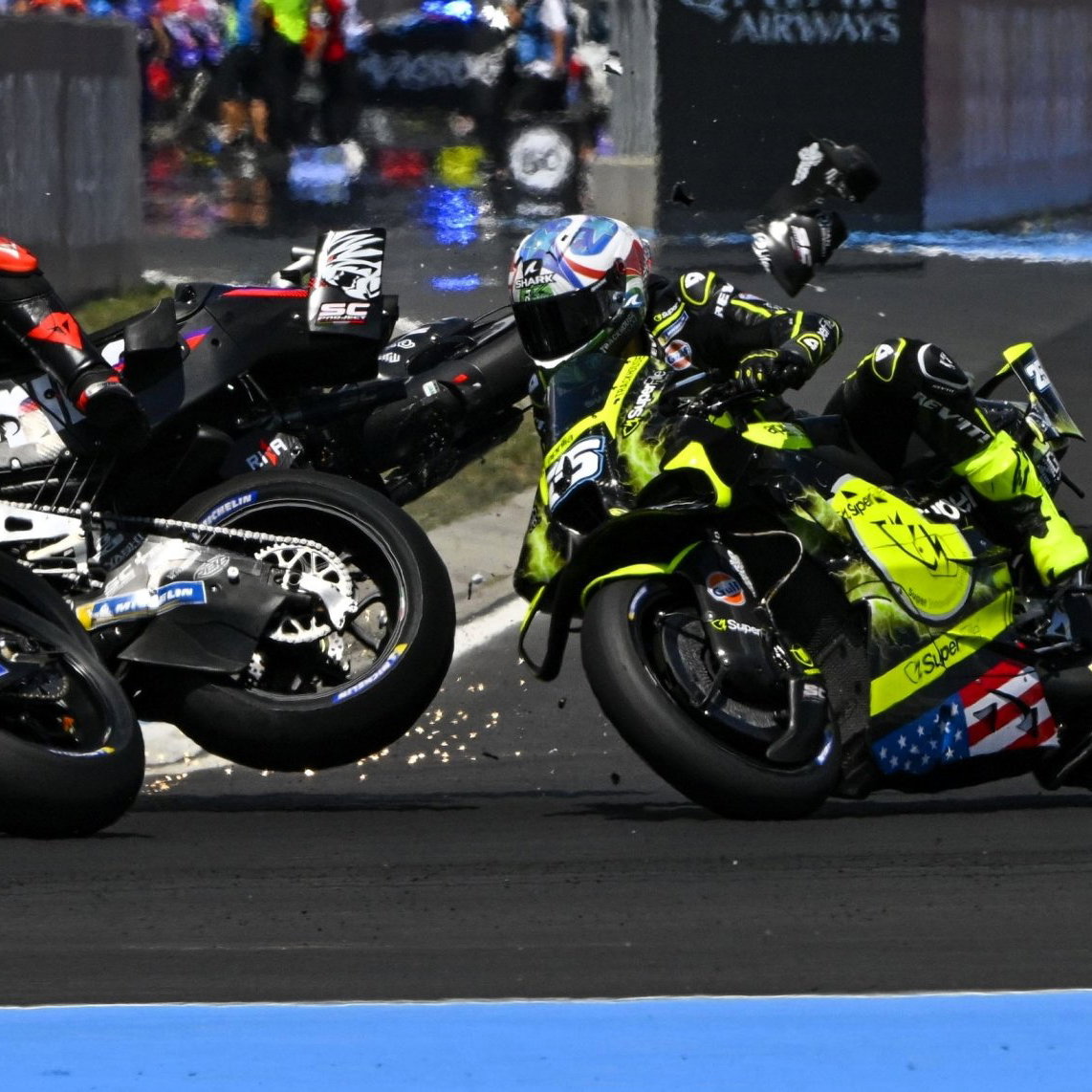Bagnaia watches the Turn 1 accident unfold, 2026 Hungarian MotoGP. 