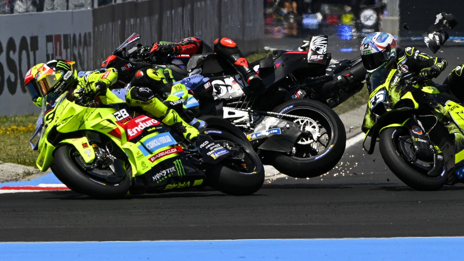 Fabio di Giannantonio about to be caught up in the Turn 1 accident, 2026 Hungarian MotoGP.